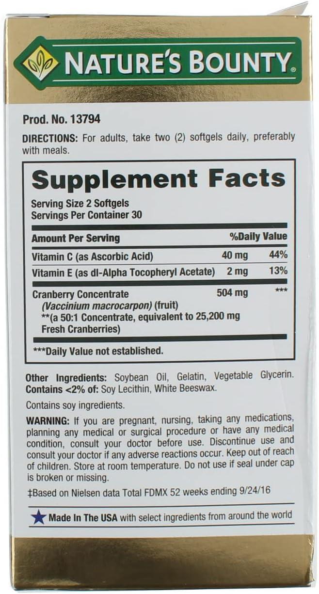 image:imageCranberry Concentrate w Vitamin C by Natures Bounty Dietary Supplement Supports Urinary Tract and Immune Health 25200mg 60 Rapid Release SoftgelsUnflavoured