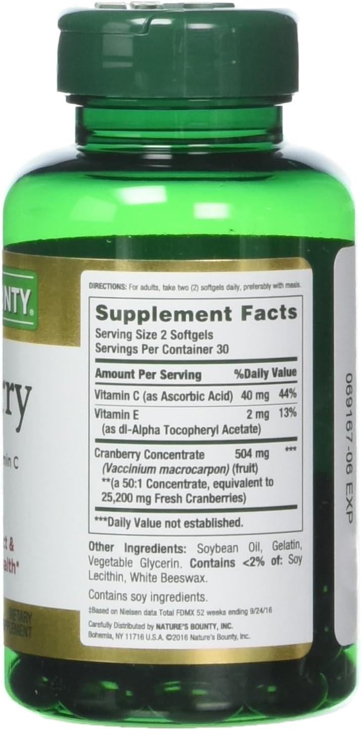 image:imageCranberry Concentrate w Vitamin C by Natures Bounty Dietary Supplement Supports Urinary Tract and Immune Health 25200mg 60 Rapid Release SoftgelsUnflavoured