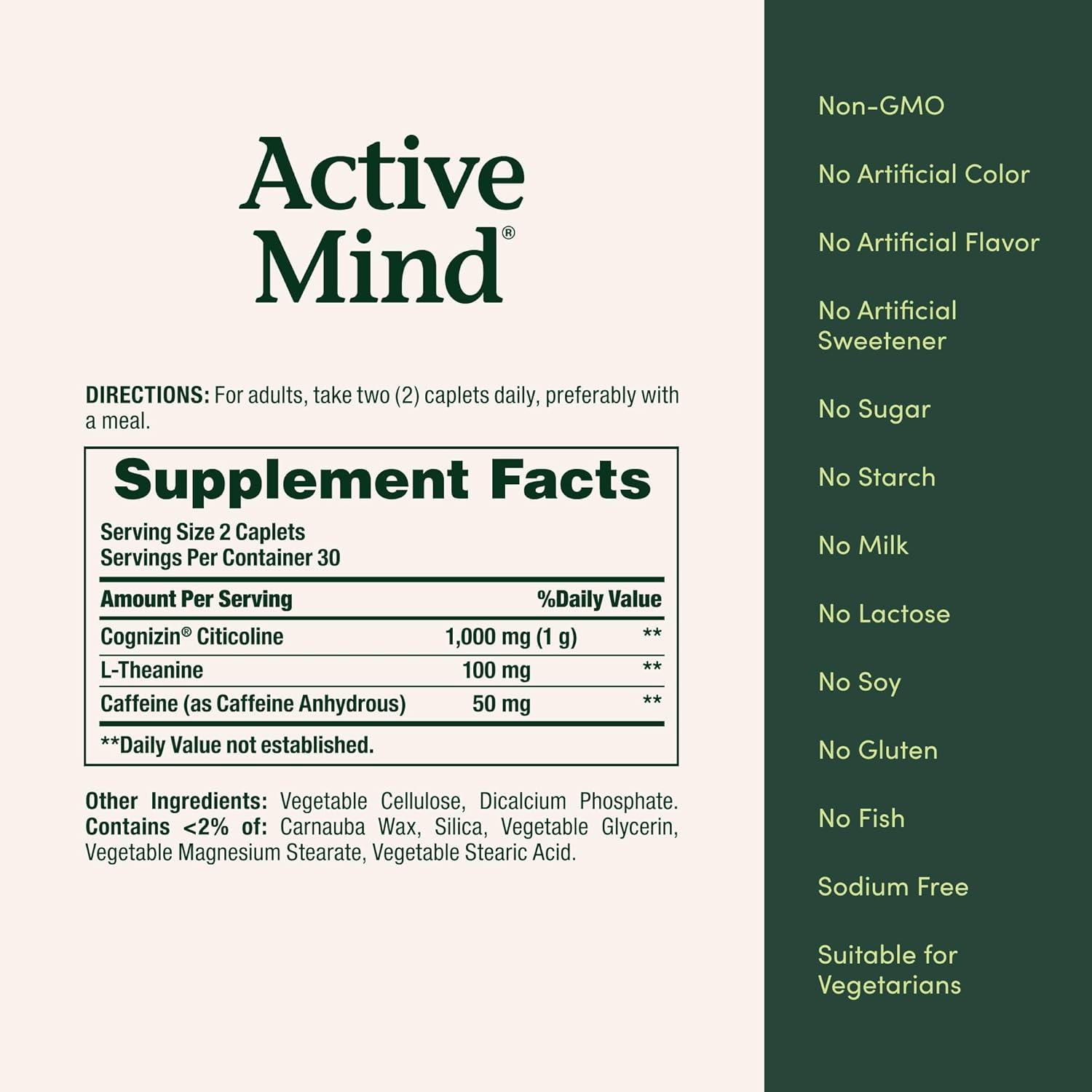 image:imageNatures Bounty Active Mind Dietary Supplement Supports Focus and Attention 1000 mg Cognizin with LTheanine and Caffeine Pills 60 Caplets60 count Pack of 1