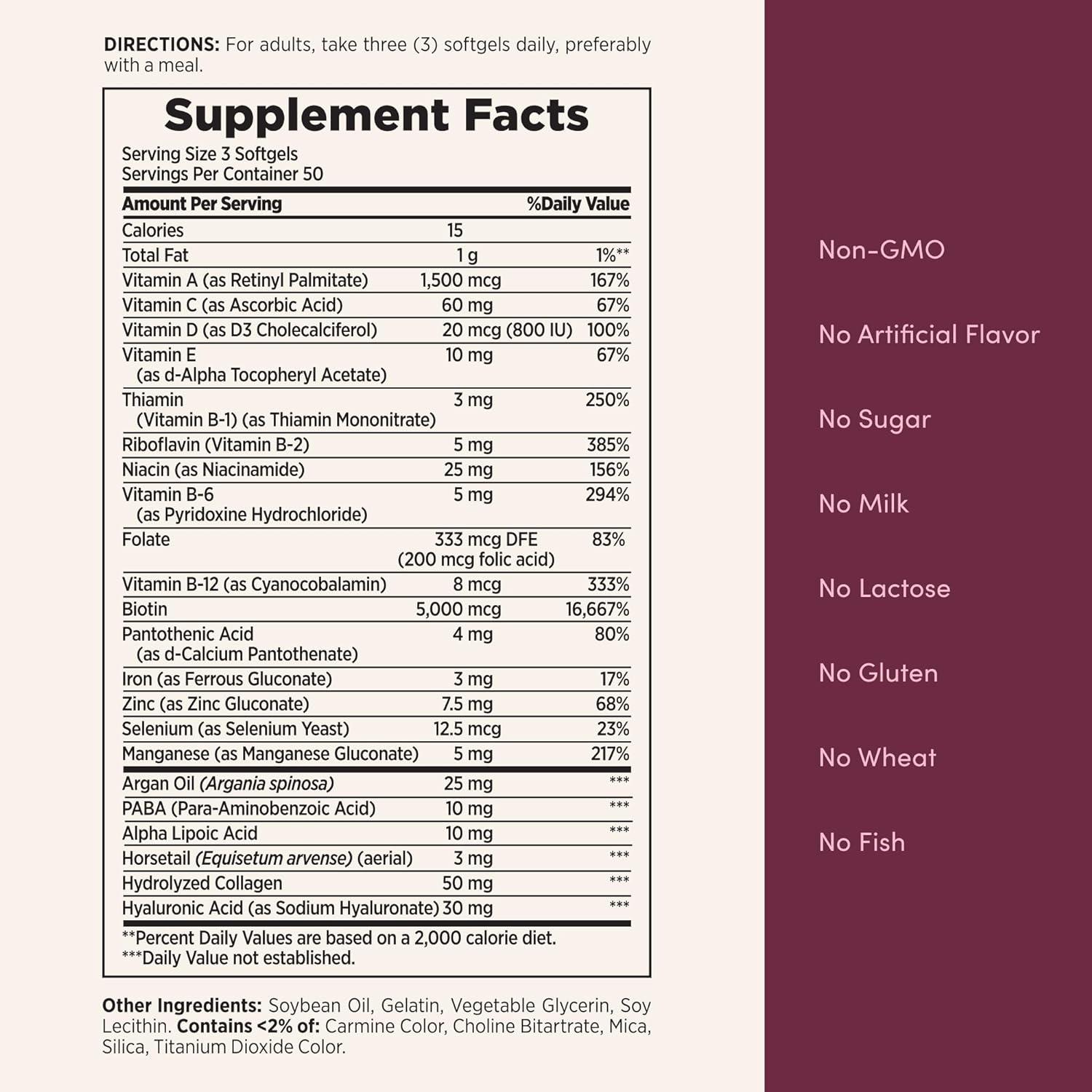 image:imageNatures Bounty Advanced Hair Skin amp Nails ArganInfused Vitamin Supplement with Biotin and Hyaluronic Acid 150 Rapid Release Softgels 50 Total Servings150 Count