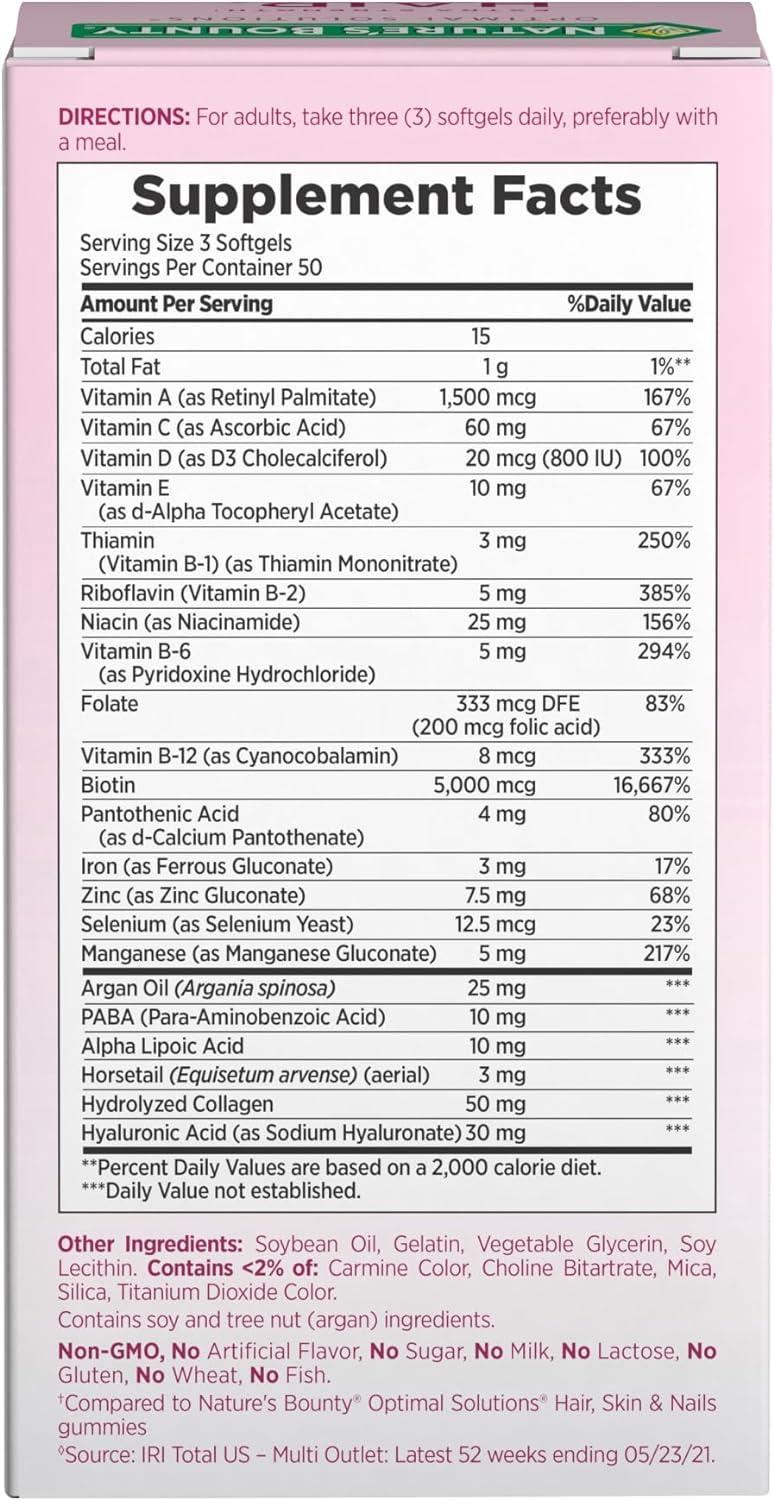 image:imageNatures Bounty Advanced Hair Skin amp Nails ArganInfused Vitamin Supplement with Biotin and Hyaluronic Acid 150 Rapid Release Softgels 50 Total Servings150 Count