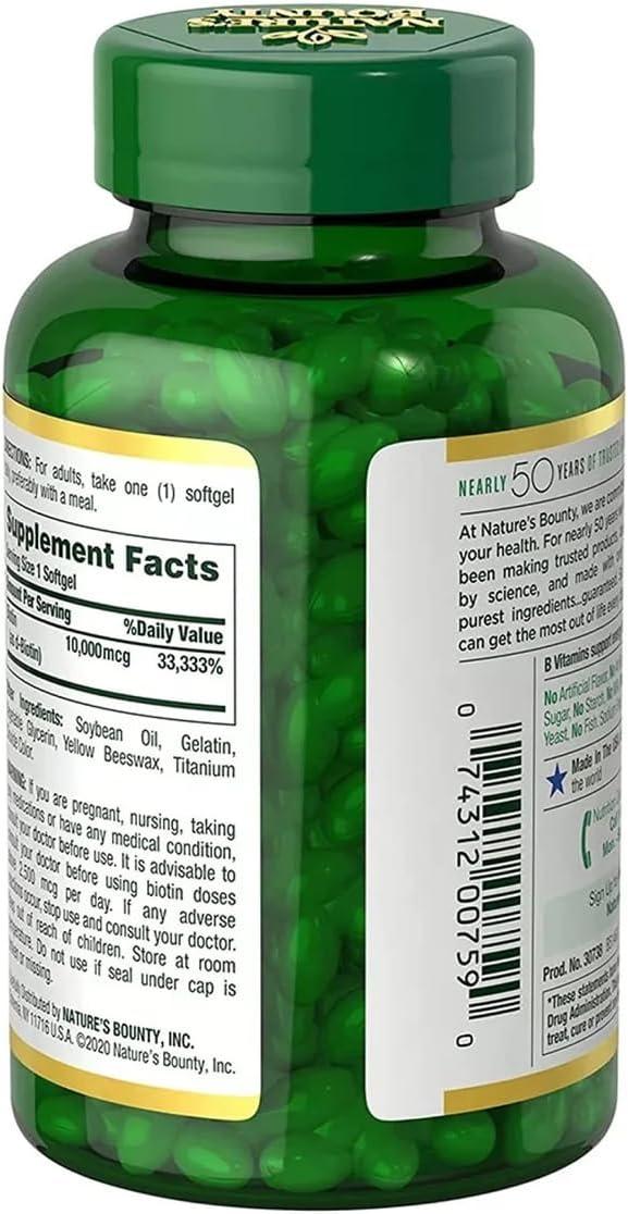 image:imageNatures Bounty Biotin Hair Skin and Nails Vitamins Supports Healthy Hair Skin and Nails 10000 mcg 120 Softgels Pack of 1250 Count Pack of 1