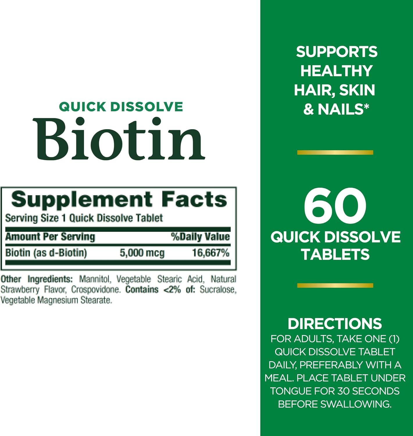 image:imageNatures Bounty Biotin Supports Metabolism for Cellular Energy and Healthy Hair Skin and Nails 5000 mcg 60 Quick Dissolve TabletsStrawberry