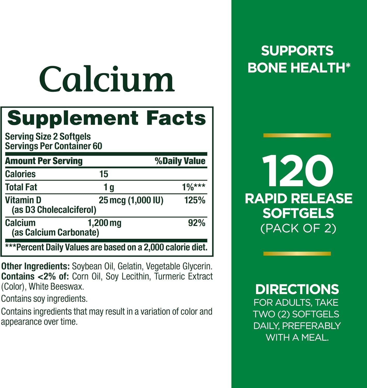 image:imageNatures Bounty Calcium 1200 mg with Vitamin D3 Bone Health Softgels Calcium and Vitamin D Supplement 120 Ct 2Pack240 Count
