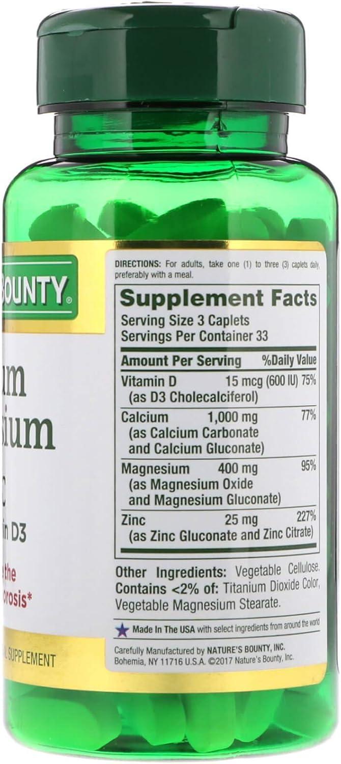 image:imageNatures Bounty Calcium Magnesium amp Zinc Caplets Immune amp Bone Health Daily Supplement 1000mg Calcium 400mg Magnesium 600 IU Vitamin D Gluten Free 100 CapletsCalcium Magnesium Zinc