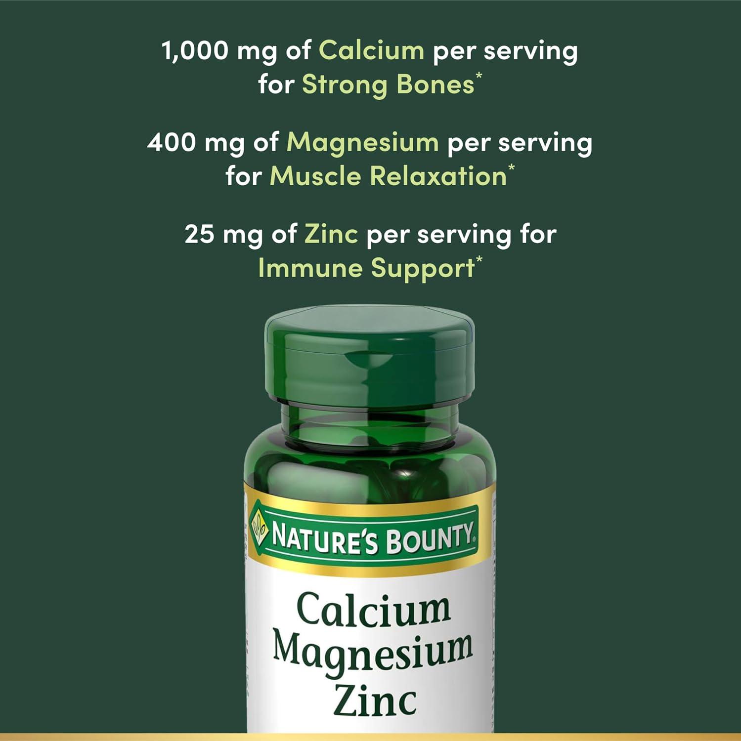 image:imageNatures Bounty Calcium Magnesium amp Zinc Caplets Immune amp Bone Health Daily Supplement 1000mg Calcium 400mg Magnesium 600 IU Vitamin D Gluten Free 100 CapletsCalcium Magnesium Zinc