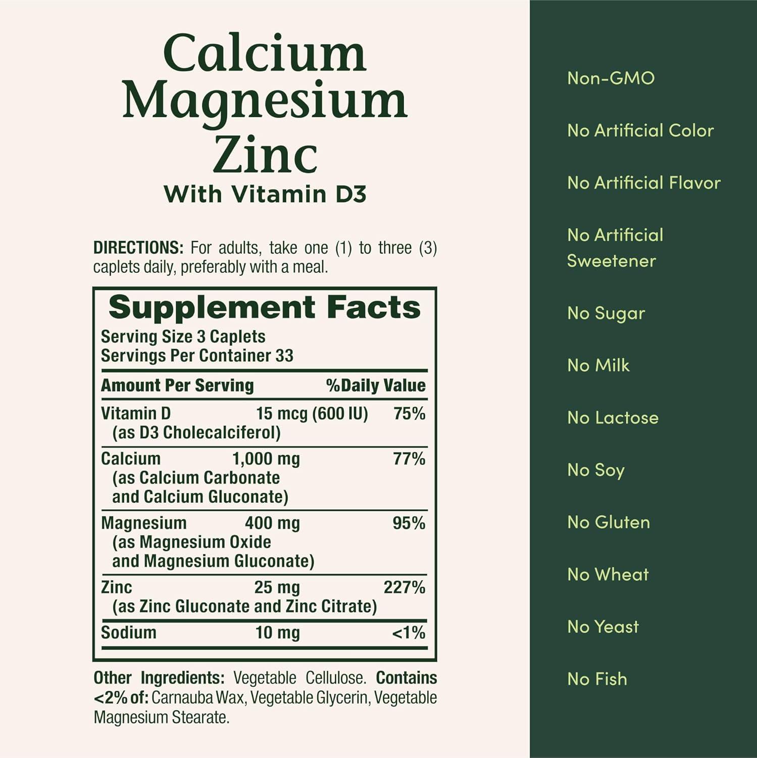 image:imageNatures Bounty Calcium Magnesium amp Zinc Caplets Immune amp Bone Health Daily Supplement 1000mg Calcium 400mg Magnesium 600 IU Vitamin D Gluten Free 100 CapletsCalcium Magnesium Zinc
