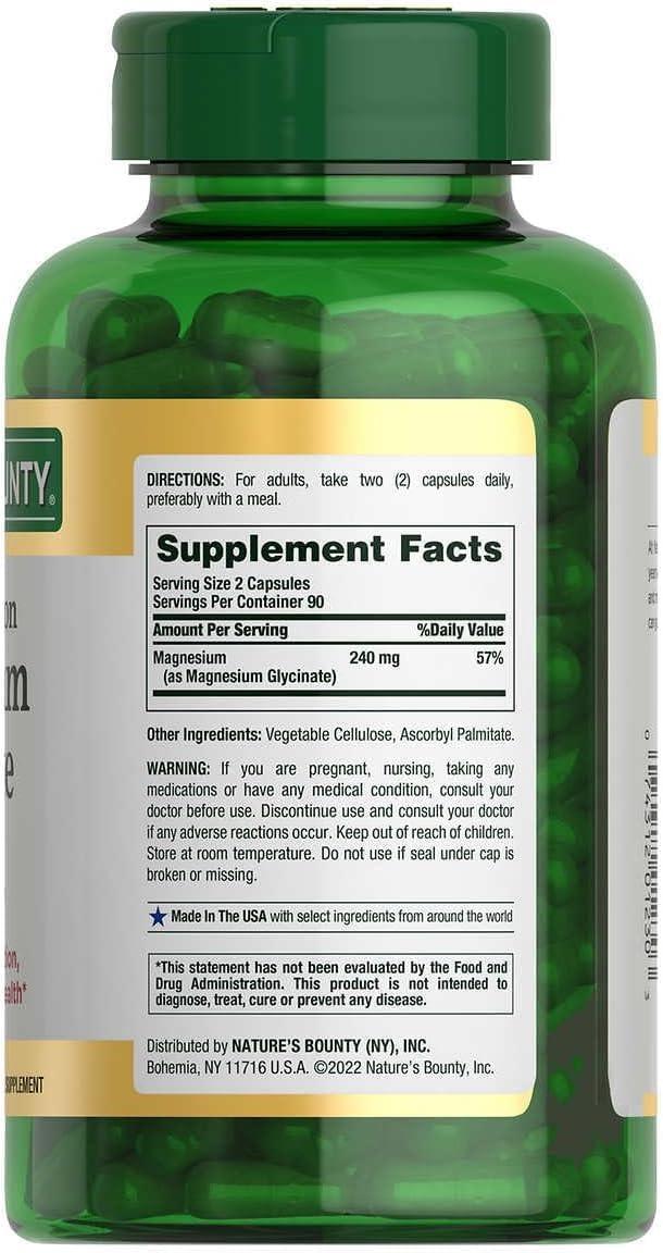 image:imageNatures Bounty High Absorption Magnesium Glycinate 240 mg for Supporting Muscle Relaxation and Bone Heart amp Nerve Health NonGMO GlutenFree Vegetarian 120 Count60 Servings180 Count Pack of 1