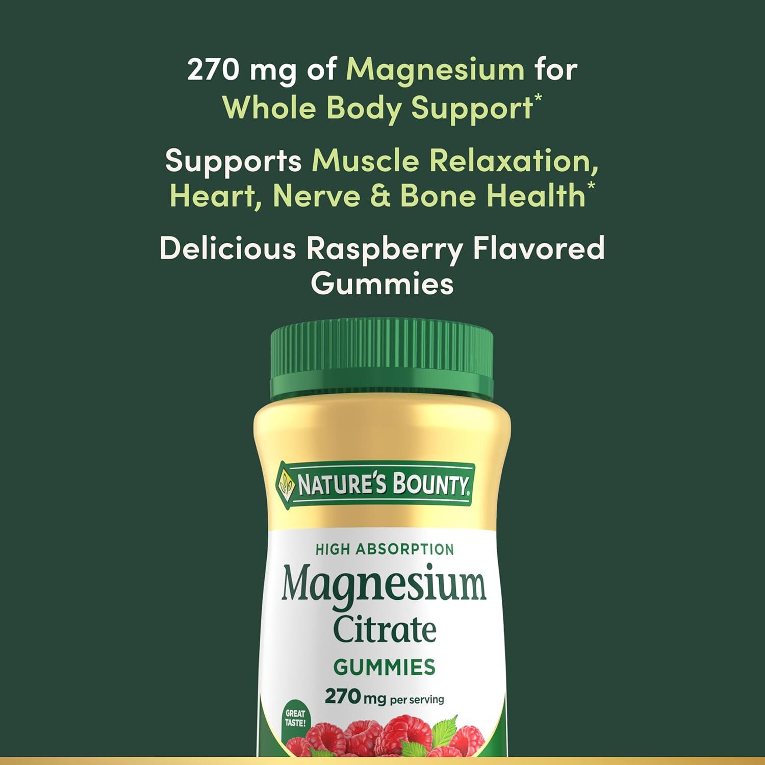 image:imageNatures Bounty Magnesium Citrate Gummies for Adults Supports General Health Bone Nerve Muscle amp Heart Health Support 270mg per Serving Vegan NonGMO Raspberry 90 Count90 Count Pack of 1