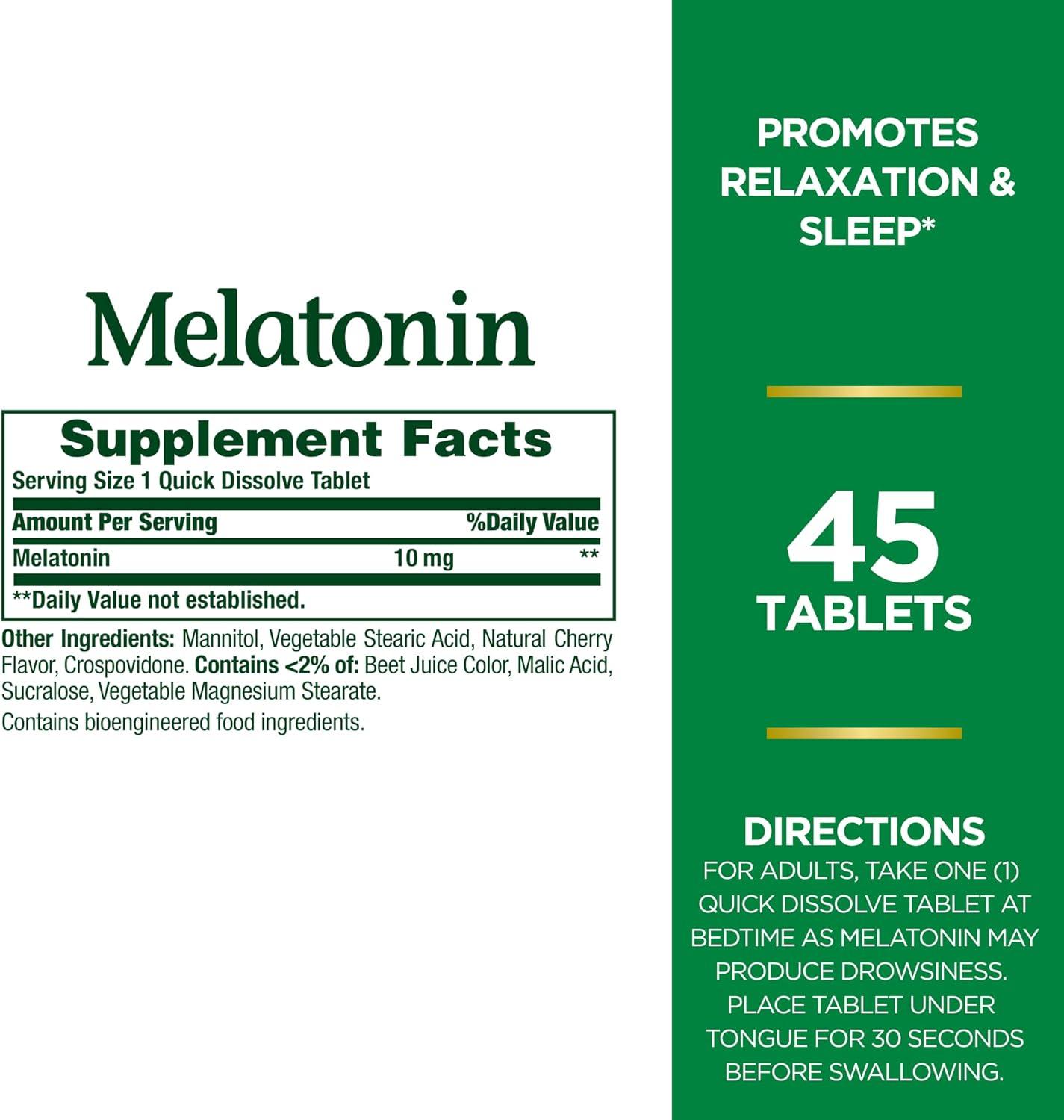 image:imageNatures Bounty Melatonin 100 Drug Free Sleep Aid Dietary Supplement Promotes Relaxation and Sleep Health 10mg 45 Quick Dissolve Tablets45 Count Pack of 3