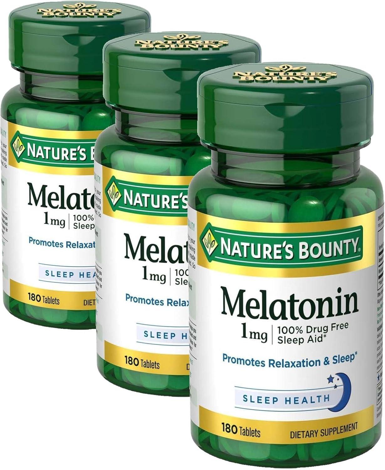 image:imageNatures Bounty Melatonin 100 Drug Free Sleep Aid Promotes Relaxation and Sleep Health 1mg 180 Tablets1 mg