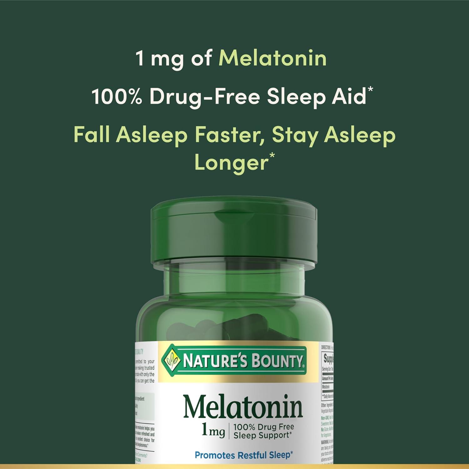 image:imageNatures Bounty Melatonin 100 Drug Free Sleep Aid Promotes Relaxation and Sleep Health 1mg 180 Tablets1 mg