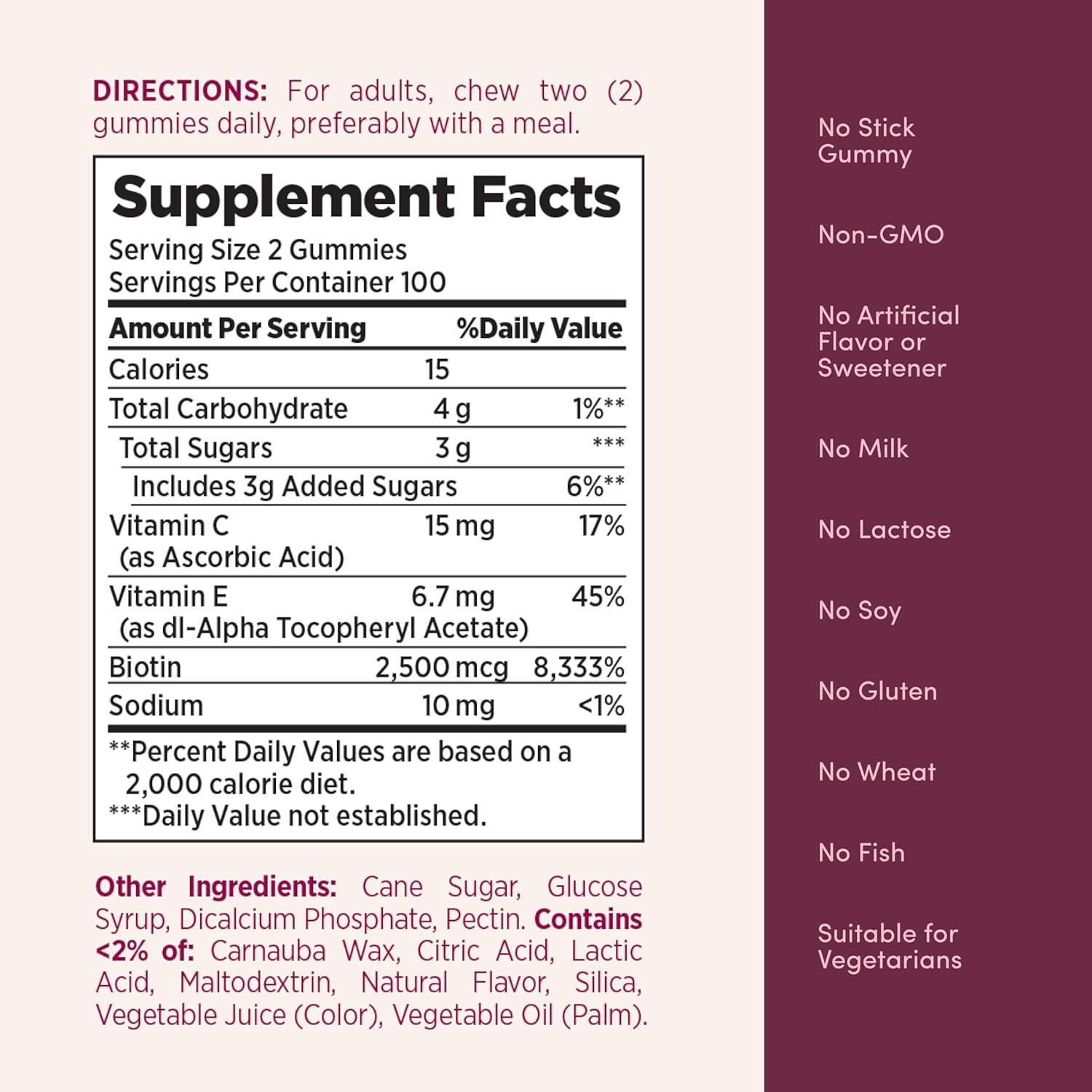 image:imageNatures Bounty Optimal Solutions Hair Skin and Nails Pectin Gummies 2500 mcg Biotin Per Serving No Stick Gummy Vegetarian Formula Strawberry Flavor 200 count 100 Total Servings200 Count Pack of 1
