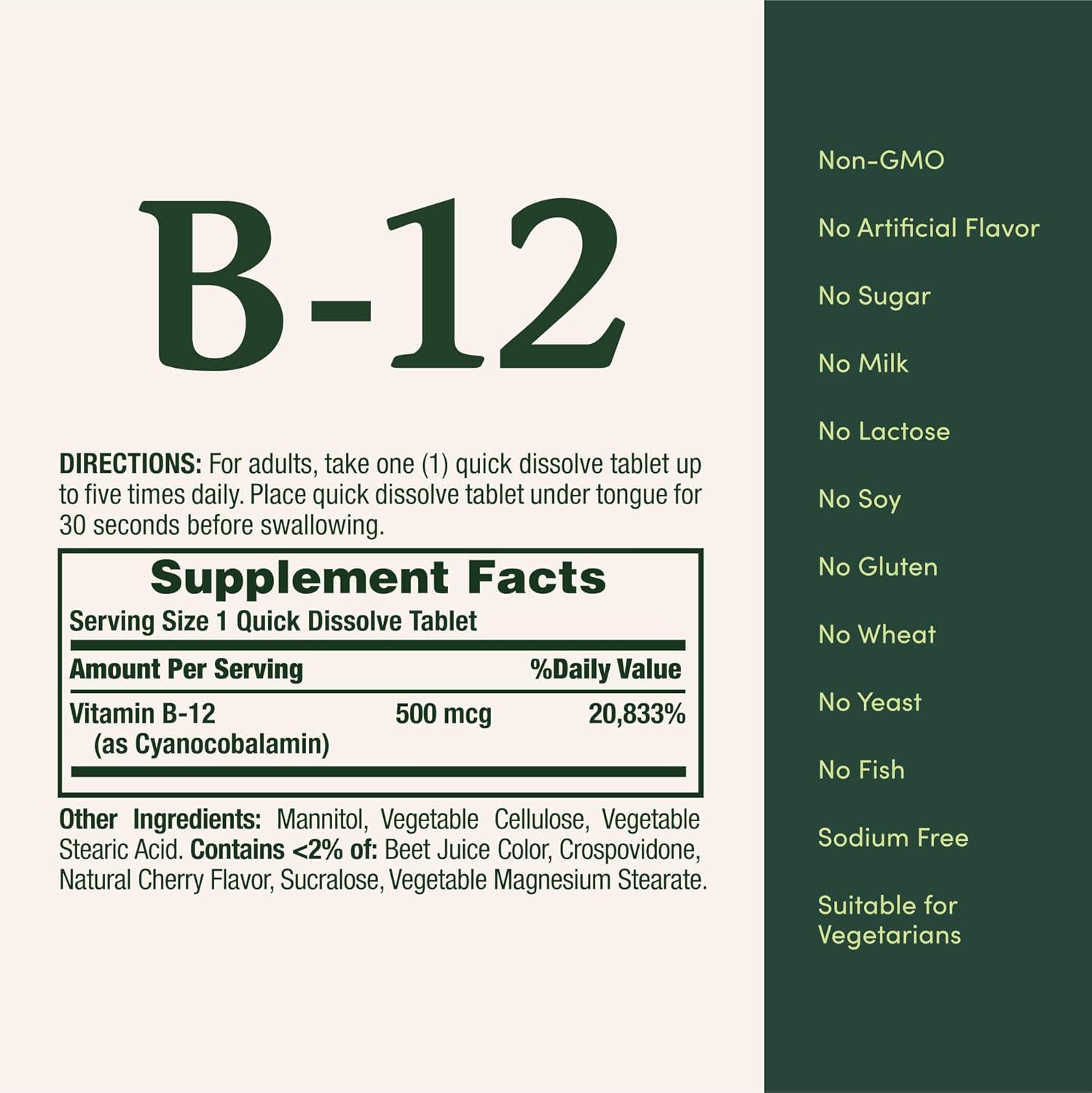 image:imageNatures Bounty Vitamin B12 Supports Energy Metabolism and Nervous System Health 500mcg 100 Quick Dissolve Tablets100 Count Pack of 1
