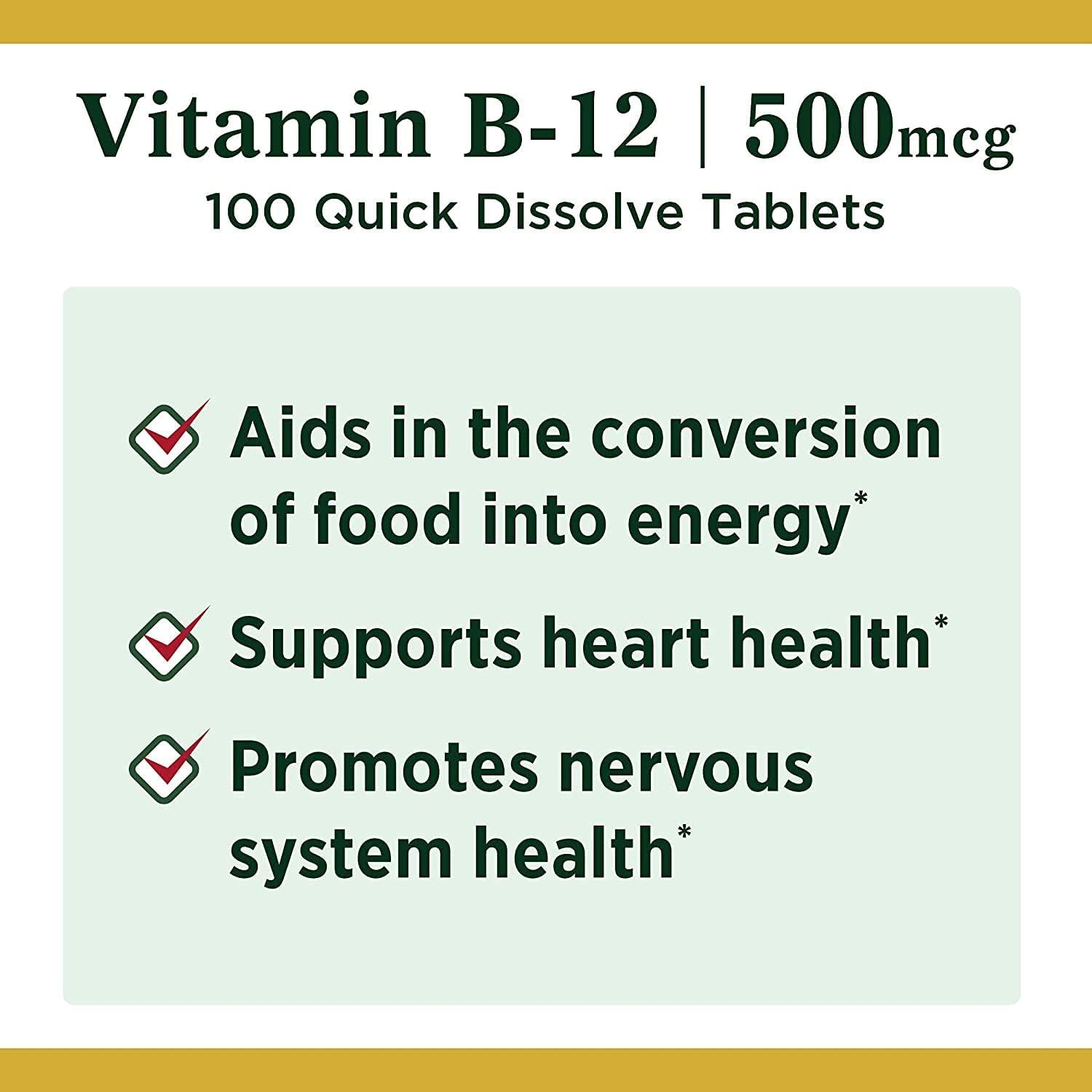 image:imageNatures Bounty Vitamin B12 Supports Energy Metabolism and Nervous System Health 500mcg 100 Quick Dissolve Tablets100 Count Pack of 2
