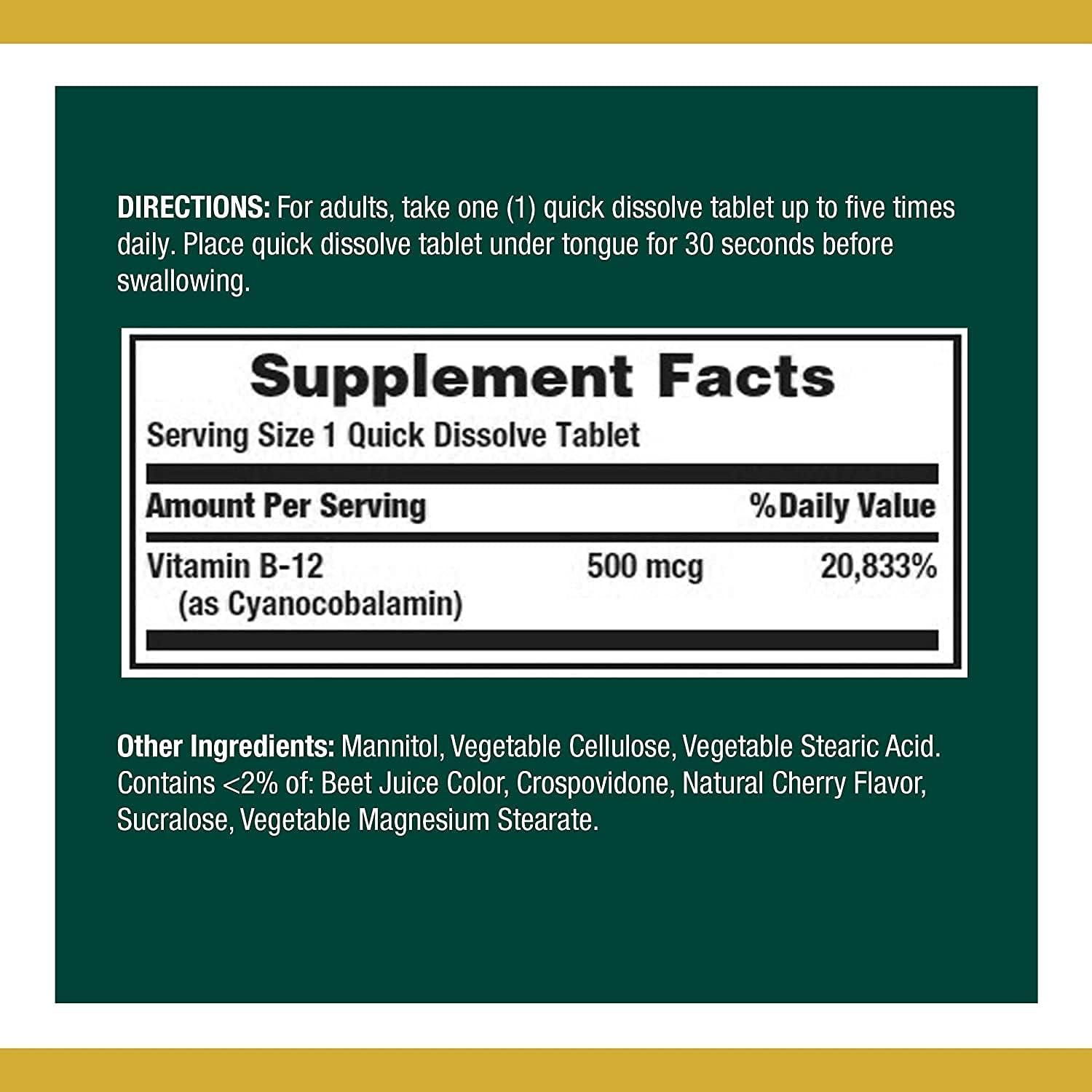image:imageNatures Bounty Vitamin B12 Supports Energy Metabolism and Nervous System Health 500mcg 100 Quick Dissolve Tablets100 Count Pack of 2