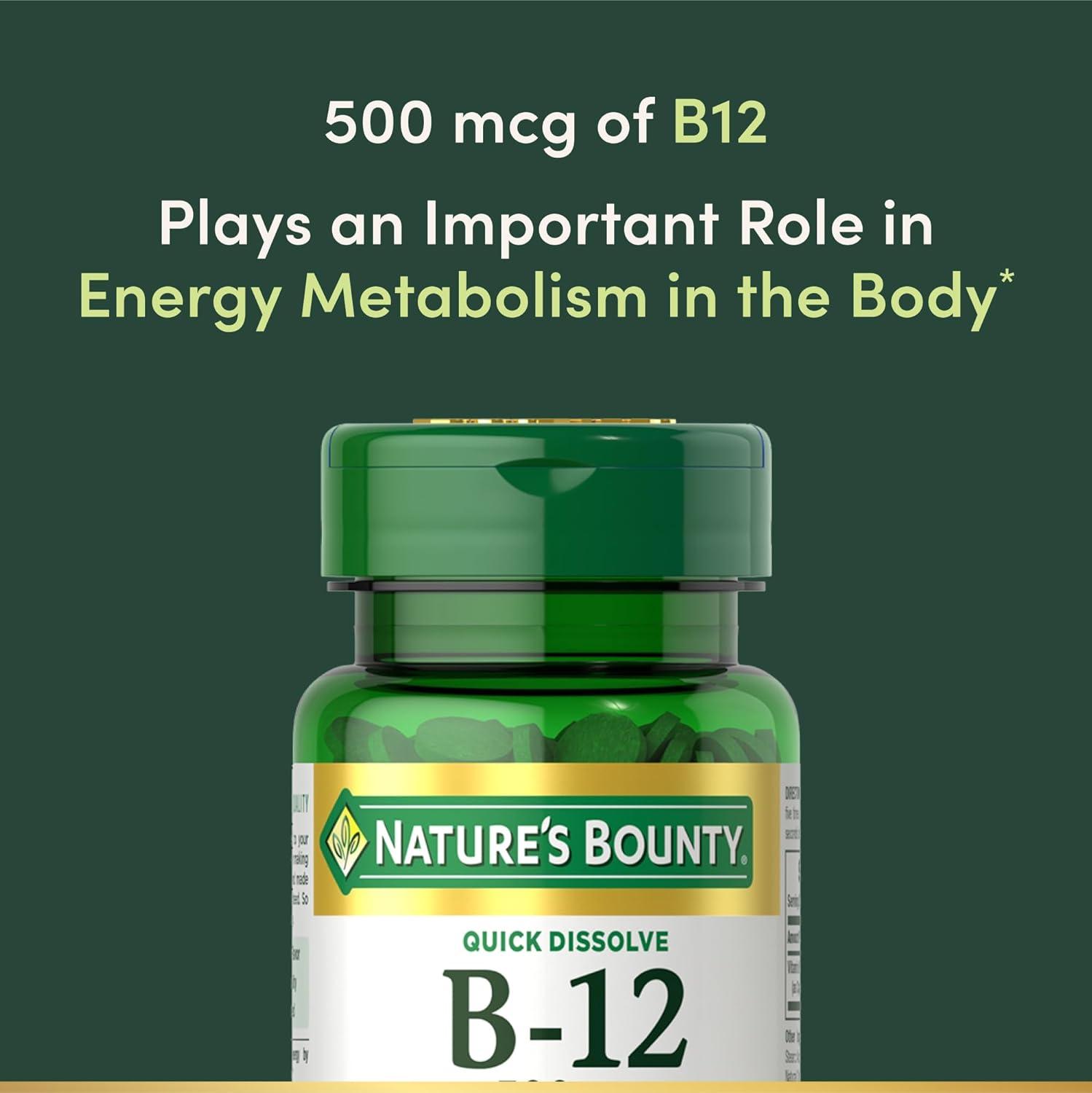 image:imageNatures Bounty Vitamin B12 Supports Energy Metabolism and Nervous System Health 500mcg 100 Quick Dissolve Tablets100 Count Pack of 3