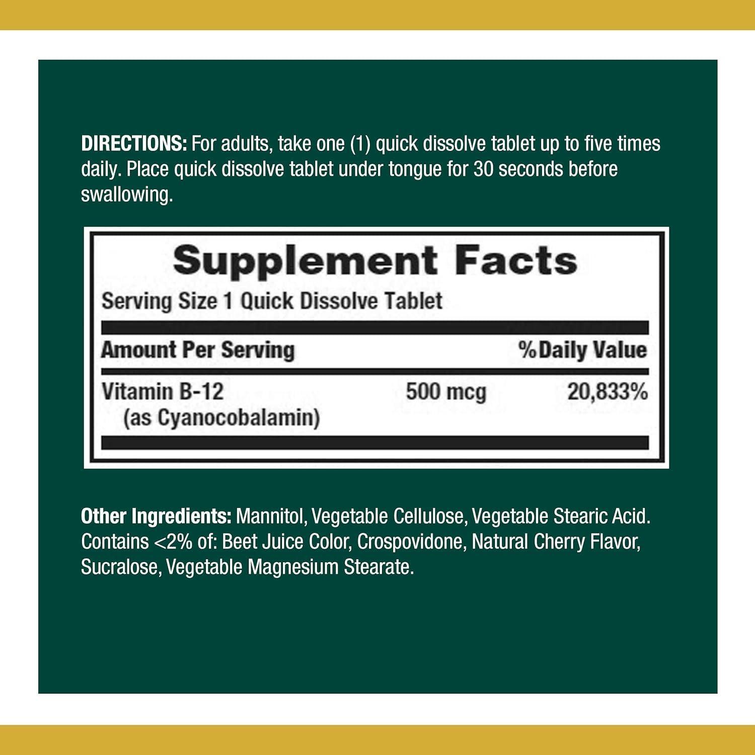 image:imageNatures Bounty Vitamin B12 Supports Energy Metabolism and Nervous System Health 500mcg 100 Quick Dissolve Tablets200 count Pack of 1
