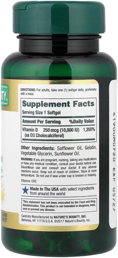 image:imageNatures Bounty Vitamin D for Immune Support Vitamin D Provides Immune Support and Promotes Healthy Bones 10000IU 72 Softgels Pack of 11 Count Pack of 2