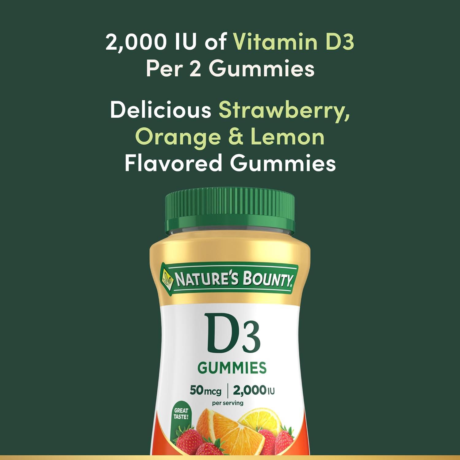 image:imageNatures Bounty Vitamin D3 Gummies Vitamin Supplement Supports Immune Health 50mcg 2000IU Mixed Fruit Flavor 90 GummiesStrawberry Orange Lemon