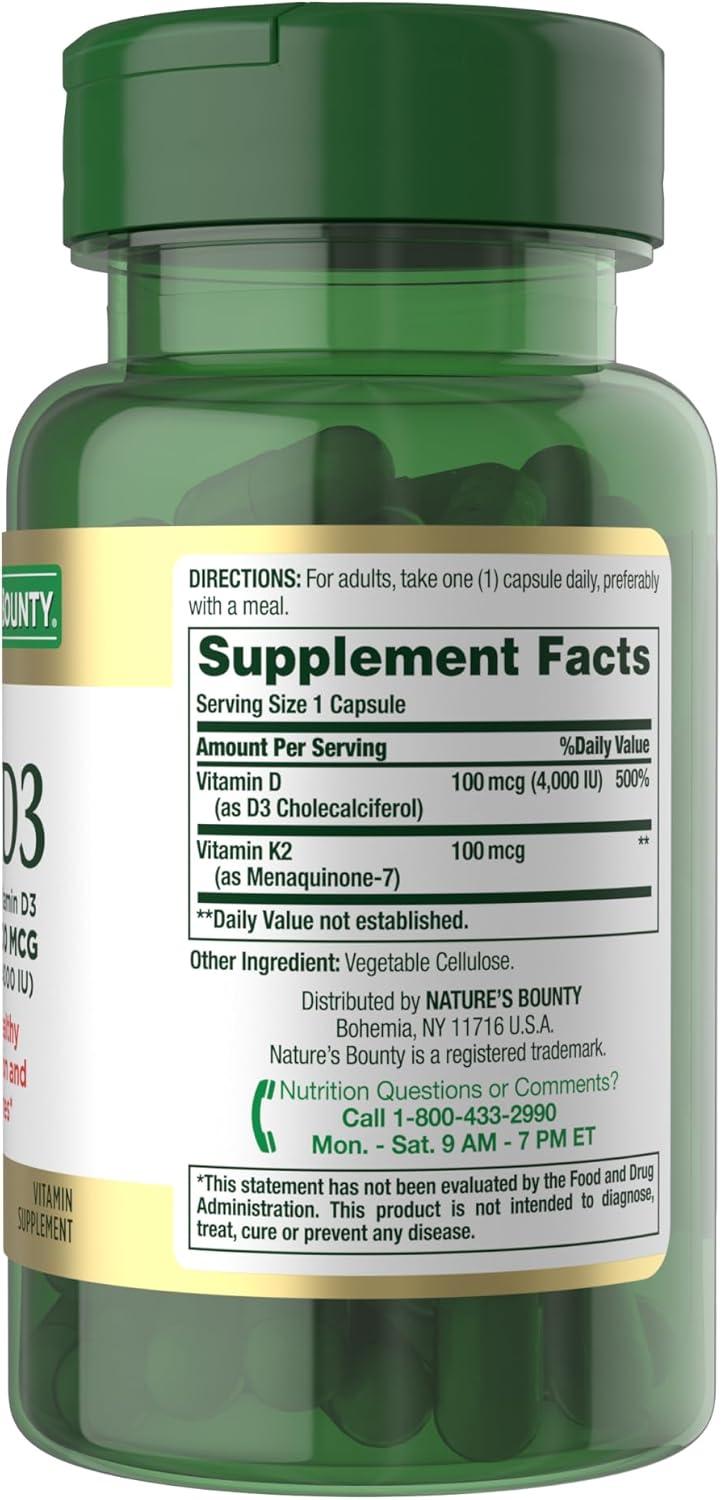 image:imageNatures Bounty Vitamin D3 K2 Supplement 4000 IU Vitamin D3 plus 100 mcg of Vitamin K Supplements for Adults for Heart amp Bone Health Support 30 Day Supply 30 Vegetarian Capsules60 Count Pack of 1
