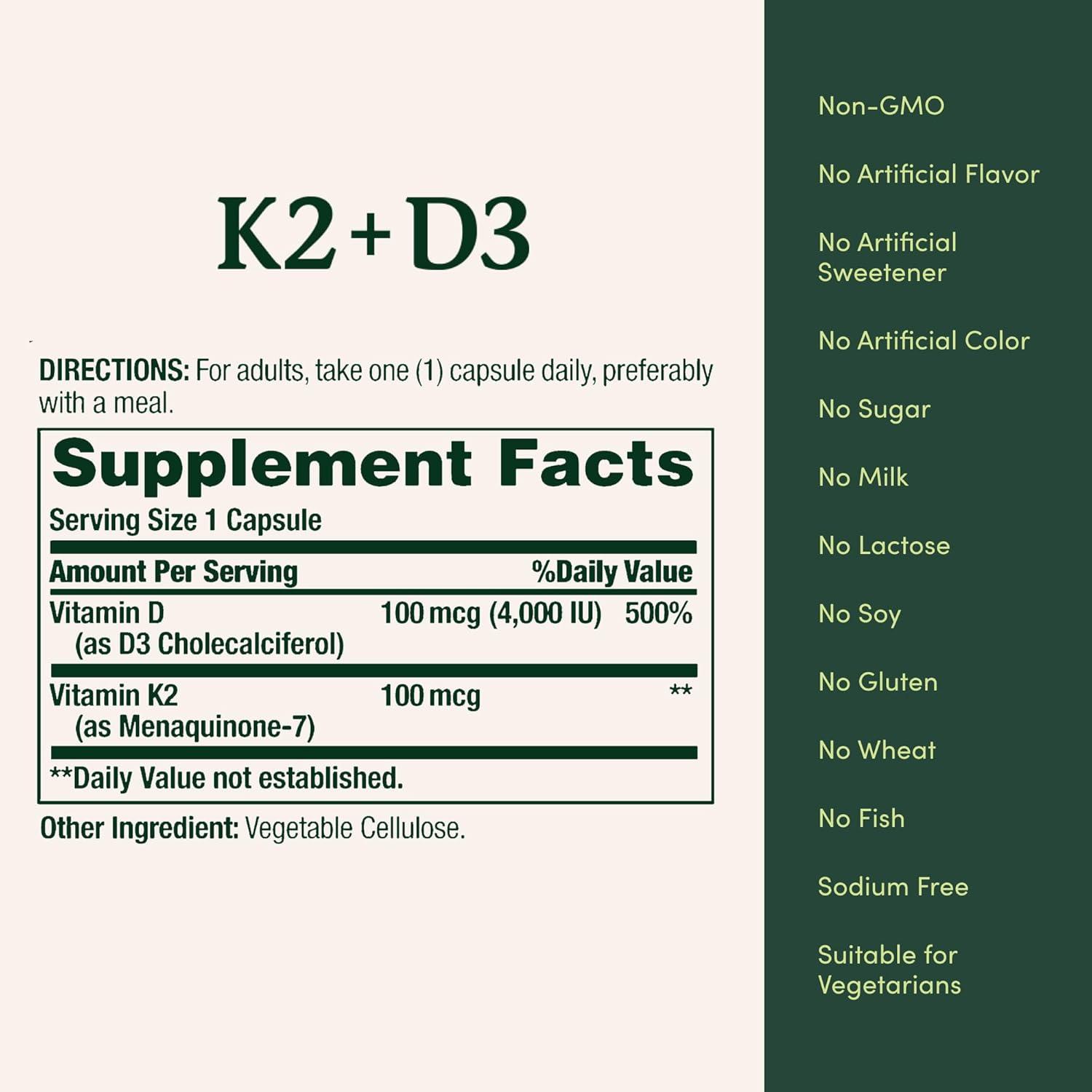 image:imageNatures Bounty Vitamin D3 K2 Supplement 4000 IU Vitamin D3 plus 100 mcg of Vitamin K Supplements for Adults for Heart amp Bone Health Support 30 Day Supply 30 Vegetarian Capsules60 Count Pack of 2
