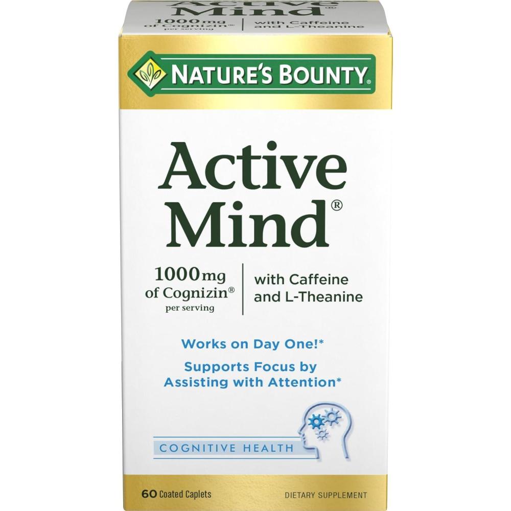 image:imageNatures Bounty Active Mind Dietary Supplement Supports Focus and Attention 1000 mg Cognizin with LTheanine and Caffeine Pills 60 Caplets60 count Pack of 1