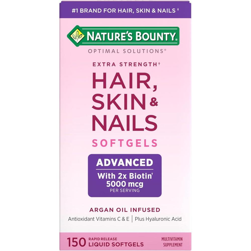 image:imageNatures Bounty Advanced Hair Skin amp Nails ArganInfused Vitamin Supplement with Biotin and Hyaluronic Acid 150 Rapid Release Softgels 50 Total Servings150 Count