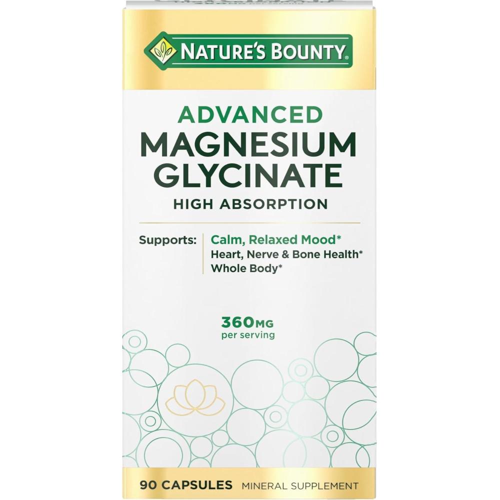 image:imageNatures Bounty Calm Magnesium Glycinate Supplement High Absorption Magnesium for Relaxed Mood Heart amp Bone Health 90 Capsules90 Count Pack of 1
