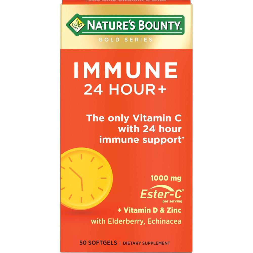image:imageNatures Bounty Immune 24 Hour The only Vitamin C with 24 Hour Immune Support from EsterC 1000 mg Vitamin C D amp Zinc Gluten Free Rapid Release Softgels 2 Softgels per Day 50 Count50 Count Pack of 1
