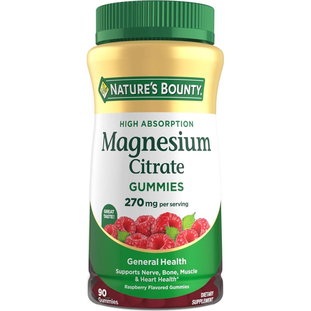 image:imageNatures Bounty Magnesium Citrate Gummies for Adults Supports General Health Bone Nerve Muscle amp Heart Health Support 270mg per Serving Vegan NonGMO Raspberry 90 Count90 Count Pack of 1