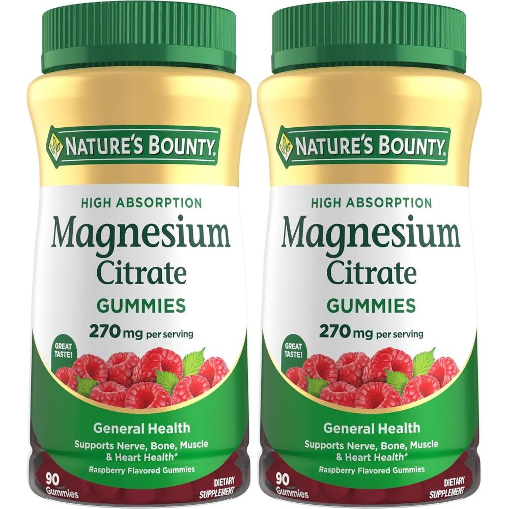image:imageNatures Bounty Magnesium Citrate Gummies for Adults Supports General Health Bone Nerve Muscle amp Heart Health Support 270mg per Serving Vegan NonGMO Raspberry 90 Count90 Count Pack of 2