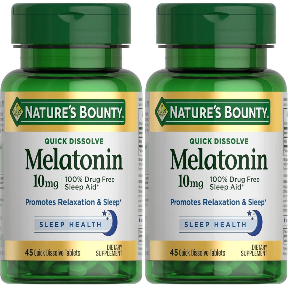image:imageNatures Bounty Melatonin 100 Drug Free Sleep Aid Dietary Supplement Promotes Relaxation and Sleep Health 10mg 45 Quick Dissolve Tablets45 Count Pack of 2