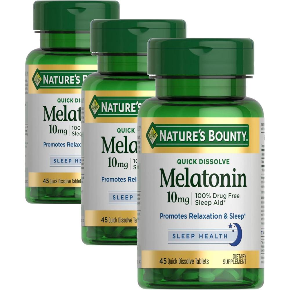 image:imageNatures Bounty Melatonin 100 Drug Free Sleep Aid Dietary Supplement Promotes Relaxation and Sleep Health 10mg 45 Quick Dissolve Tablets45 Count Pack of 3