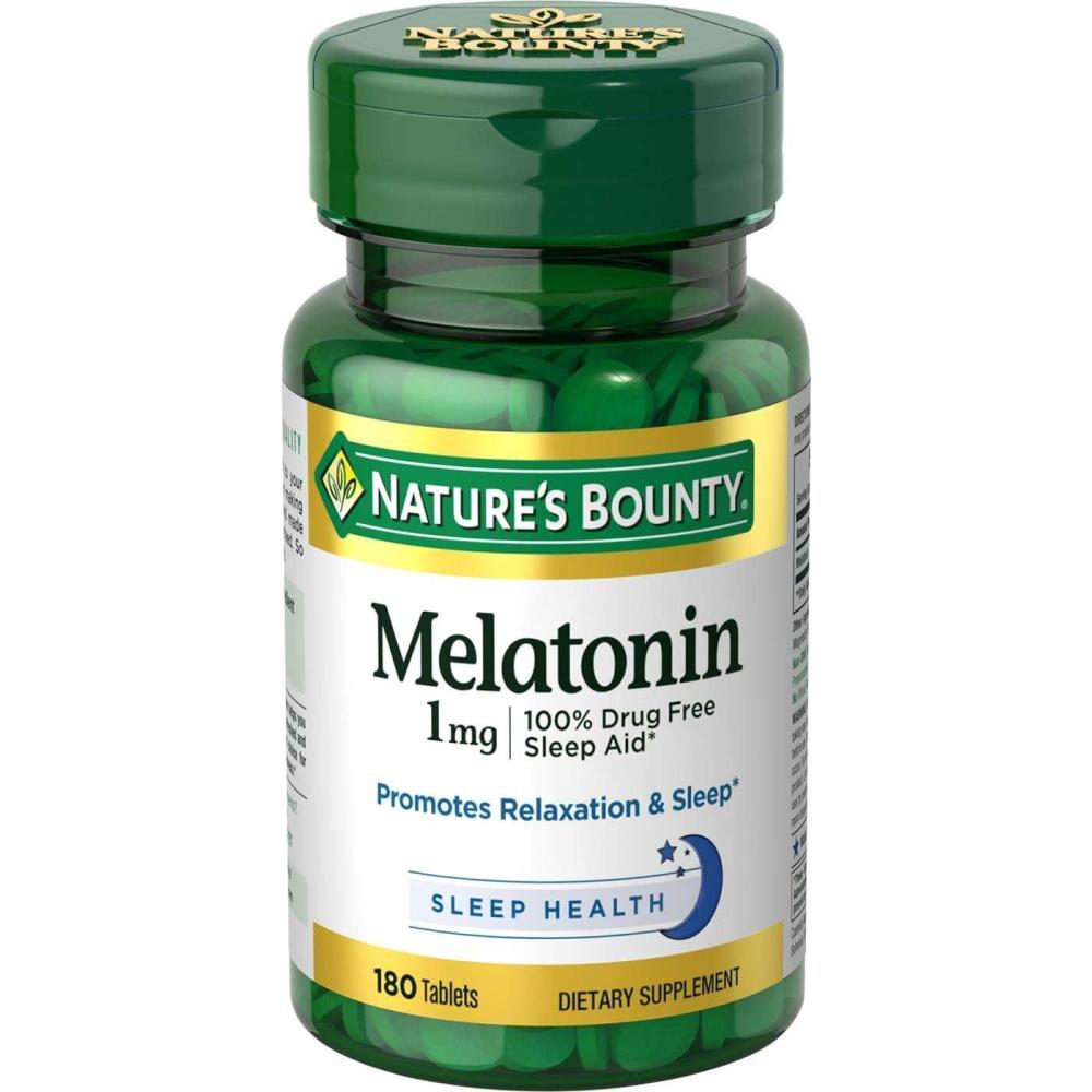 image:imageNatures Bounty Melatonin 100 Drug Free Sleep Aid Promotes Relaxation and Sleep Health 1mg 180 Tablets1 mg