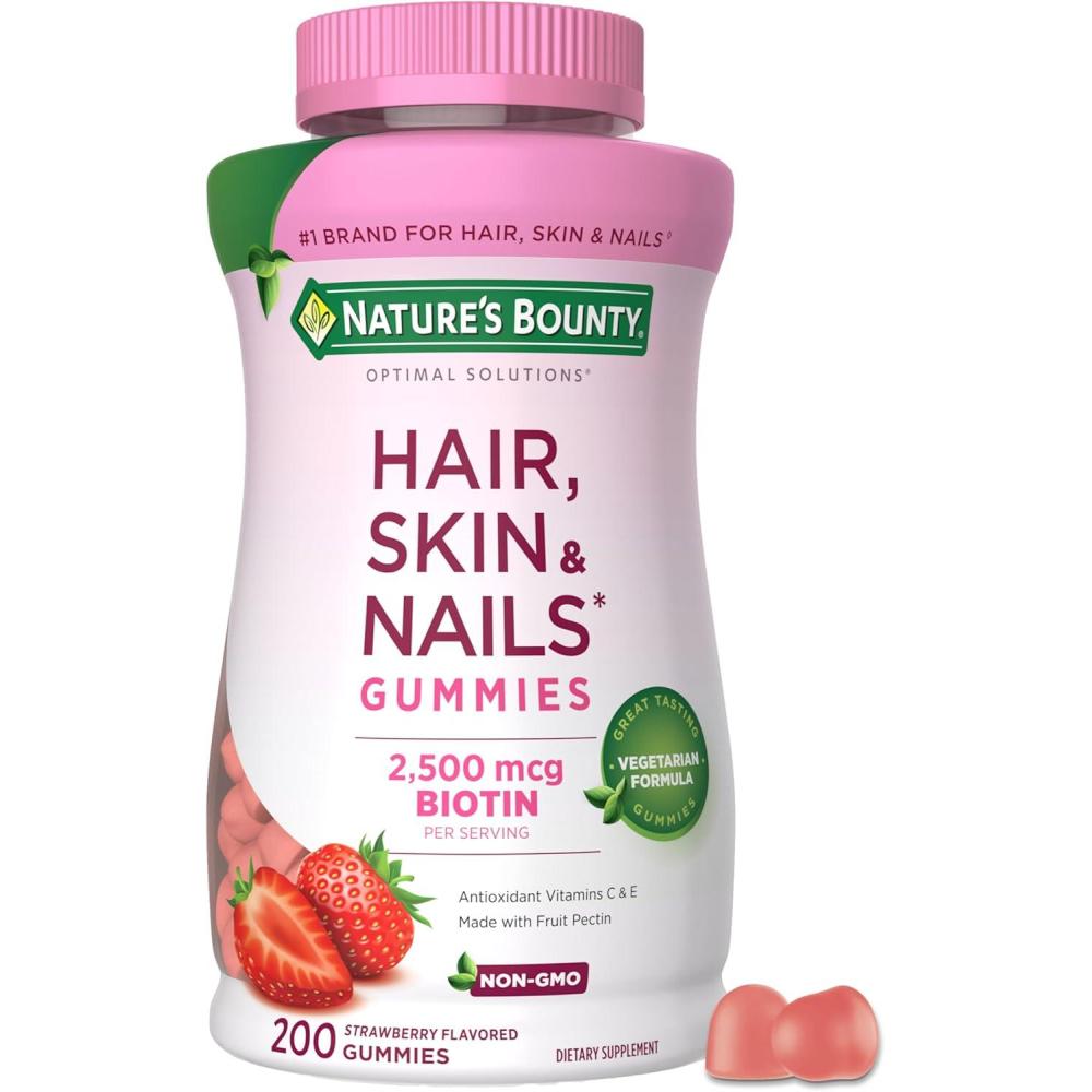 image:imageNatures Bounty Optimal Solutions Hair Skin and Nails Pectin Gummies 2500 mcg Biotin Per Serving No Stick Gummy Vegetarian Formula Strawberry Flavor 200 count 100 Total Servings200 Count Pack of 1