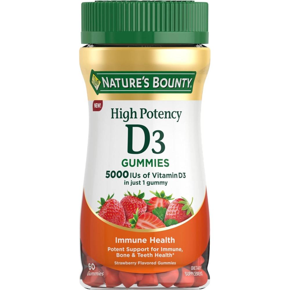 image:imageNatures Bounty Vitamin D 5000 IU Gummies Vitamin D3 High Potency Immune Support amp Bone Health Supplement 5000 IU in 1 Gummy Strawberry Flavor 2 month Supply 60 Vegetarian Gummies for Adults60 Count Pack of 1