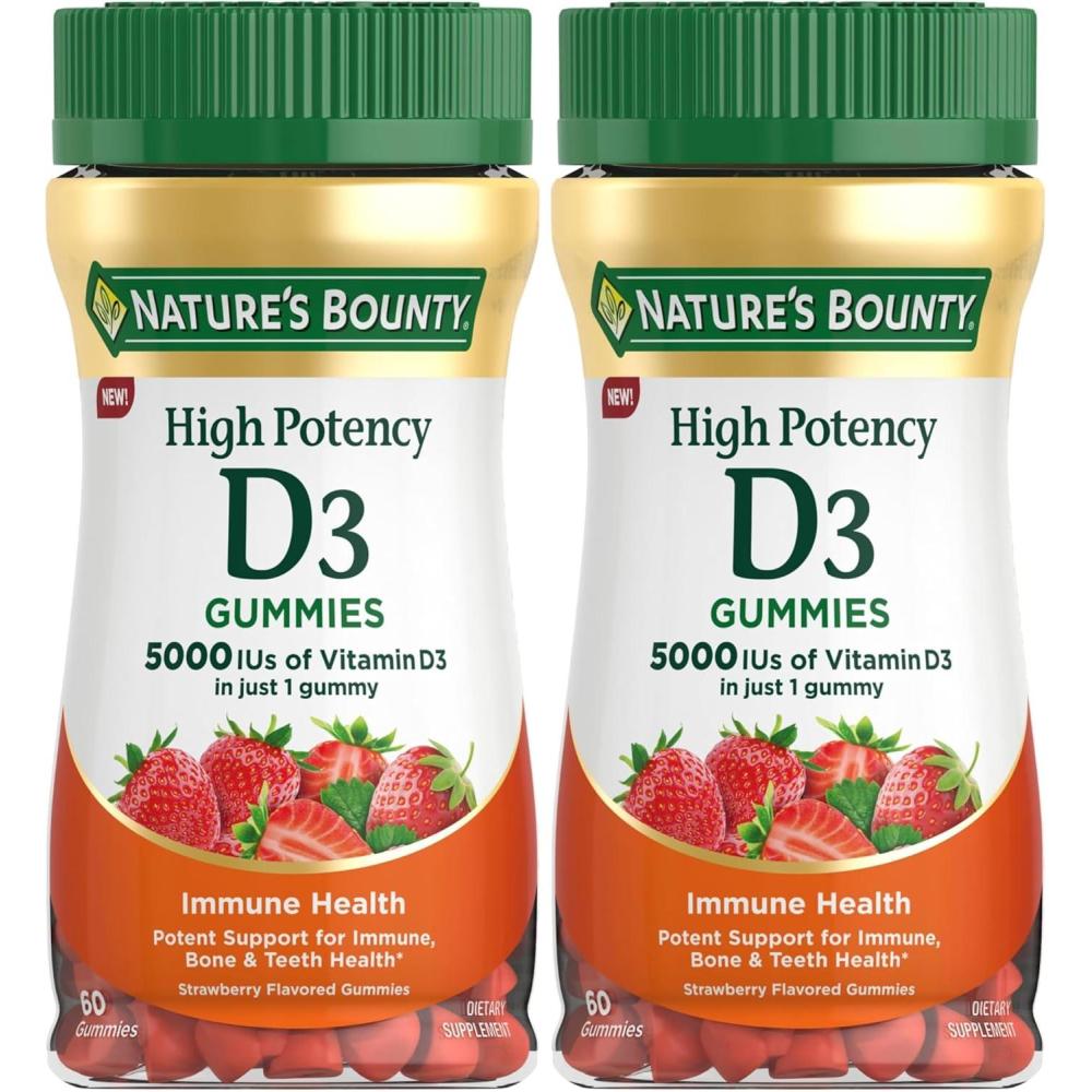 image:imageNatures Bounty Vitamin D 5000 IU Gummies Vitamin D3 High Potency Immune Support amp Bone Health Supplement 5000 IU in 1 Gummy Strawberry Flavor 2 month Supply 60 Vegetarian Gummies for Adults60 Count Pack of 2