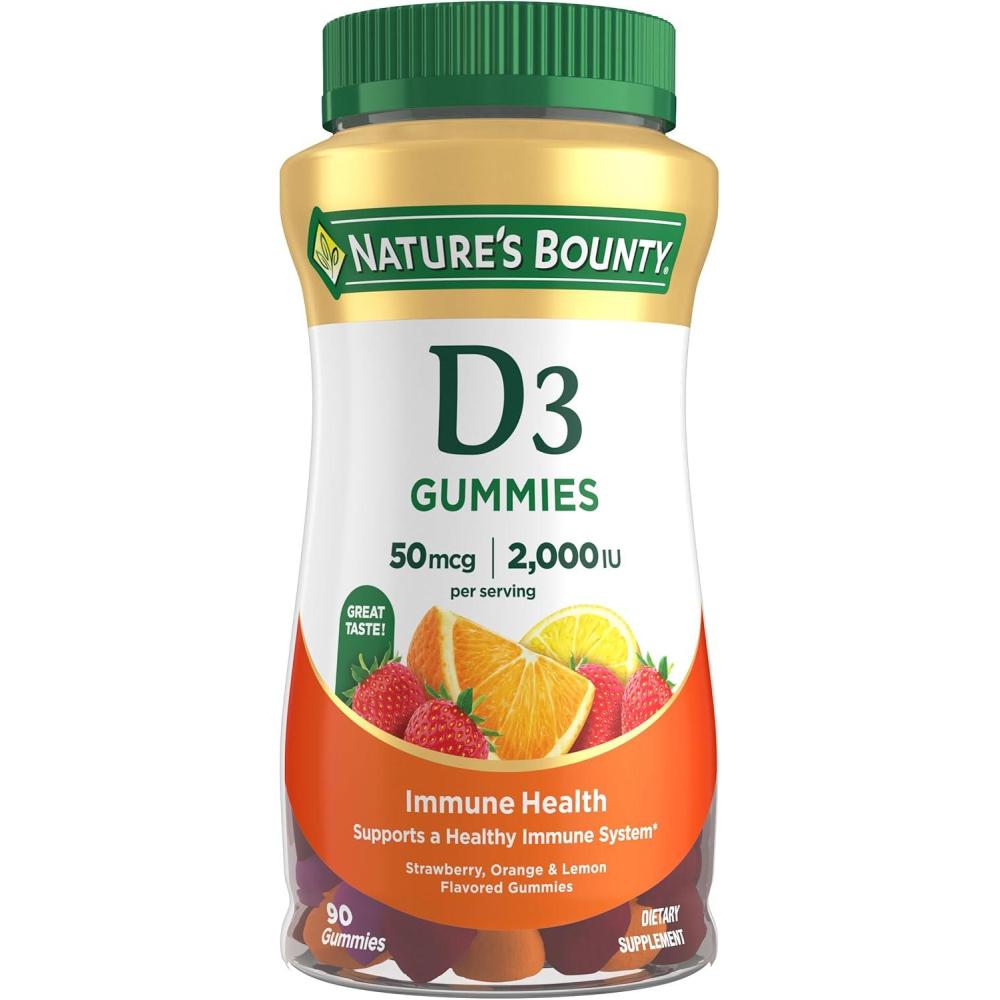 image:imageNatures Bounty Vitamin D3 Gummies Vitamin Supplement Supports Immune Health 50mcg 2000IU Mixed Fruit Flavor 90 GummiesStrawberry Orange Lemon