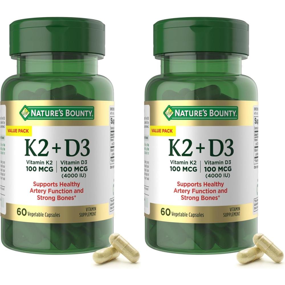 image:imageNatures Bounty Vitamin D3 K2 Supplement 4000 IU Vitamin D3 plus 100 mcg of Vitamin K Supplements for Adults for Heart amp Bone Health Support 30 Day Supply 30 Vegetarian Capsules60 Count Pack of 2