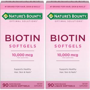 image:imageNatures Bounty Biotin 10000mcg Supplement Supports Healthy Hair Skin and Nails Optimal Solutions Hair Vitamin with Biotin 90 Rapid Release Liquid Softgels90 Count Pack of 2