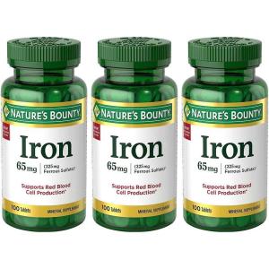image:imageNatures Bounty Iron 65mg 325 mg Ferrous Sulfate Cellular Energy Support Promotes Normal Red Blood Cell Production 1 Serving Per Day Gluten Free 100 Vegetarian Tablets300 Count Pack of 1
