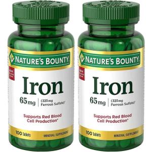 image:imageNatures Bounty Iron 65mg 325 mg Ferrous Sulfate Cellular Energy Support Promotes Normal Red Blood Cell Production 1 Serving Per Day Gluten Free 100 Vegetarian Tablets100 Count Pack of 2