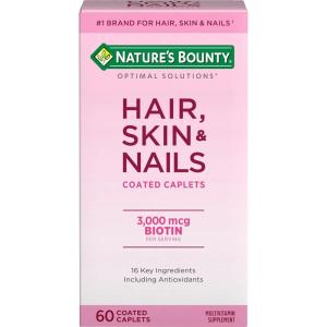 image:imageNatures Bounty Optimal Solutions Hair Skin amp Nails Formula with 3000 mcg Biotin 60 Coated Caplets 20 Total ServingsUnflavored