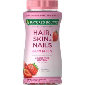 image:imageNatures Bounty Optimal Solutions Hair Skin and Nails Gummies with Biotin 2500 mcg Strawberry Flavored 200 Count 100 Total ServingsStrawberry