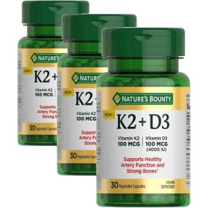 image:imageNatures Bounty Vitamin D3 K2 Supplement 4000 IU Vitamin D3 plus 100 mcg of Vitamin K Supplements for Adults for Heart amp Bone Health Support 30 Day Supply 30 Vegetarian Capsules30 Count Pack of 3