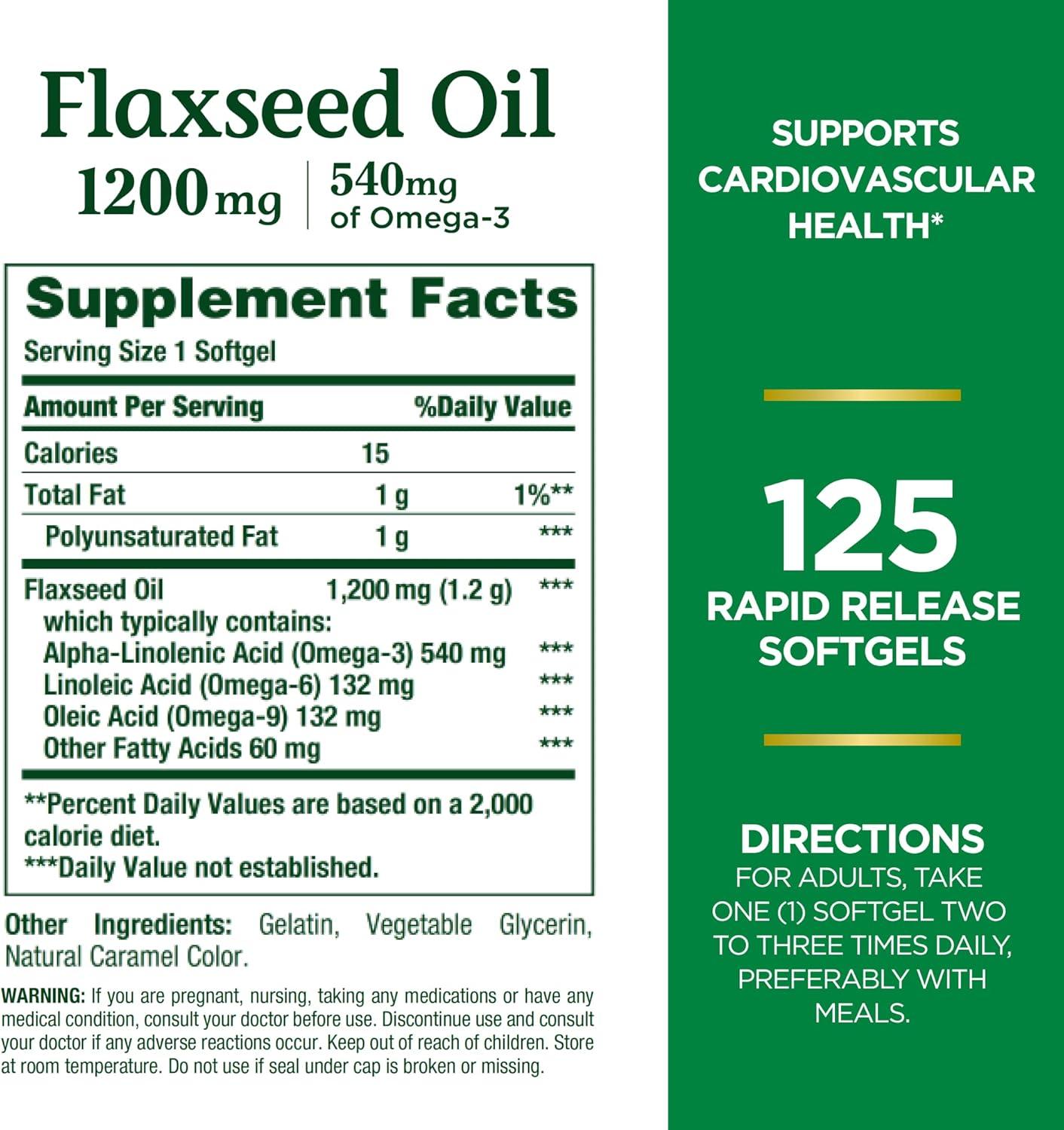 image:imageNatures Bounty Flaxseed and Omega 3 Dietary Supplement Supports Cardiovascular Health 1200mg Softgels 125 ct125 Count Pack of 2