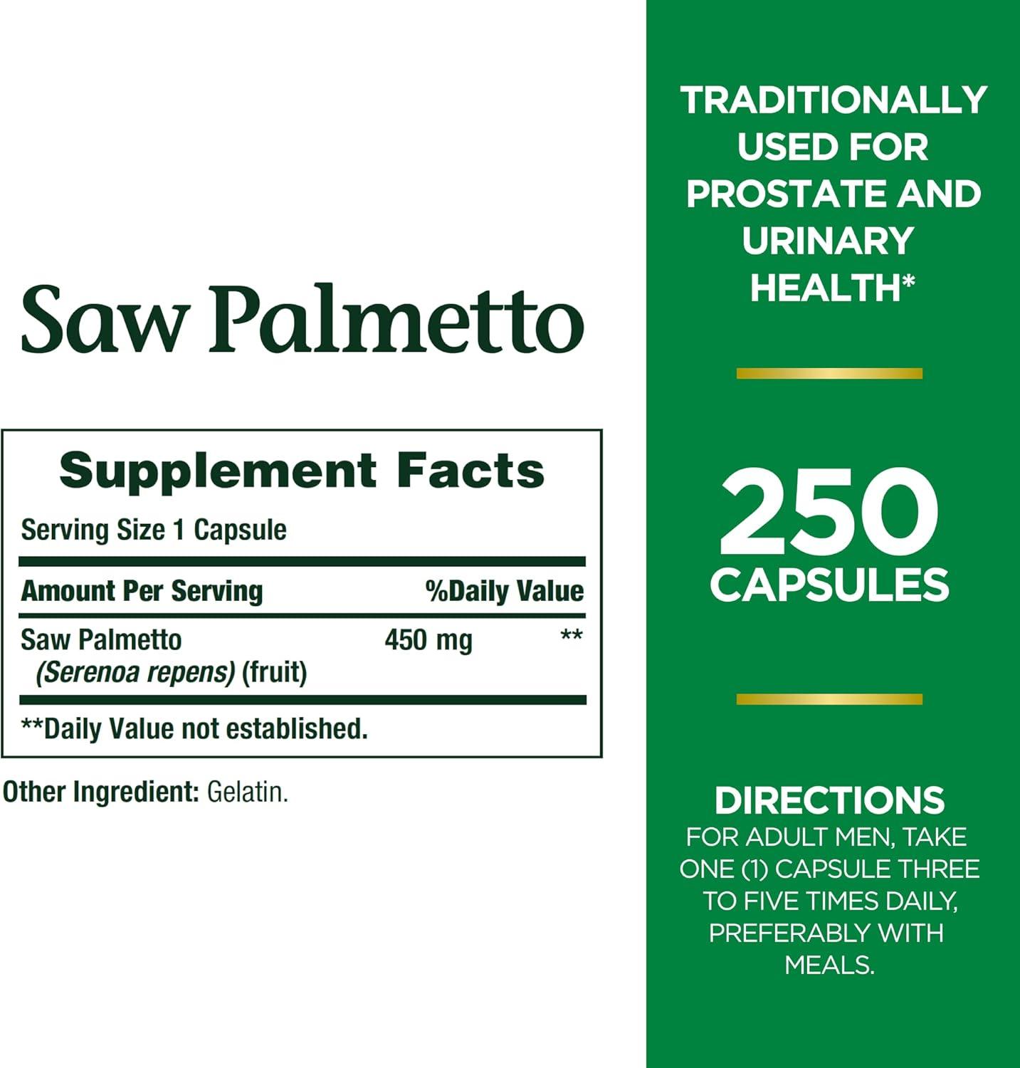 image:imageNatures Bounty Saw Palmetto Support for Prostate and Urinary Health Herbal Health Supplement 450mg 250 Capsules250 Count Pack of 2