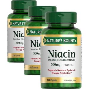 image:imageNatures Bounty Niacin 500mg Flush Free Cellular Energy Support Supports Nervous System Health 120 Capsules120 Count Pack of 3
