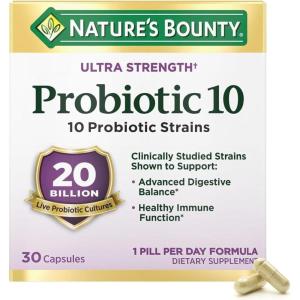 image:imageNatures Bounty Probiotic 10 Daily Probiotic Supplement for Digestive Immune and Upper Respiratory Support Ultra Strength 30 Capsules 1 PackUnflavored